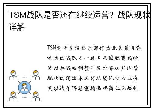 TSM战队是否还在继续运营？战队现状详解