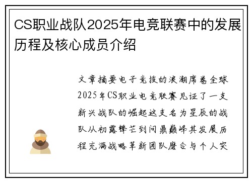 CS职业战队2025年电竞联赛中的发展历程及核心成员介绍